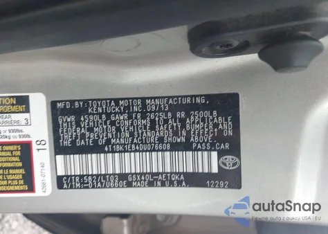 2013 Toyota Avalon Xle Touring z USA, uszkodzony, nr VIN 4T1BK1EB4DU076608